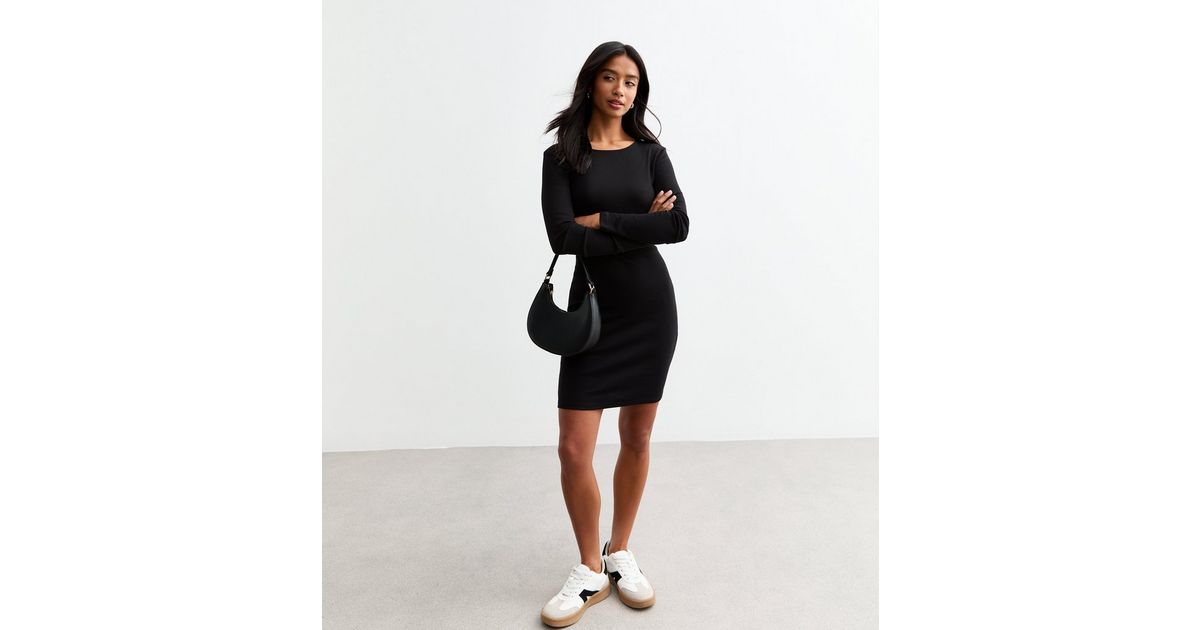 Petite Black Long Sleeve Ribbed Jersey Mini Dress New Look