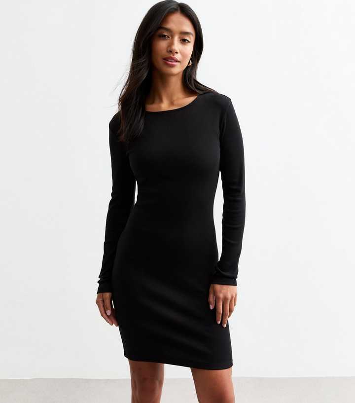 Petite Black Long Sleeve Ribbed Jersey Mini Dress | New Look