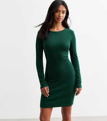 Petite Green Long Sleeve Ribbed Jersey Mini Dress