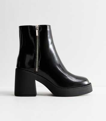 Black Faux Leather Block Heel Ankle Boots