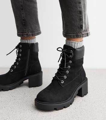 Wide Fit Black Faux Nubuck Heeled Ankle Boots