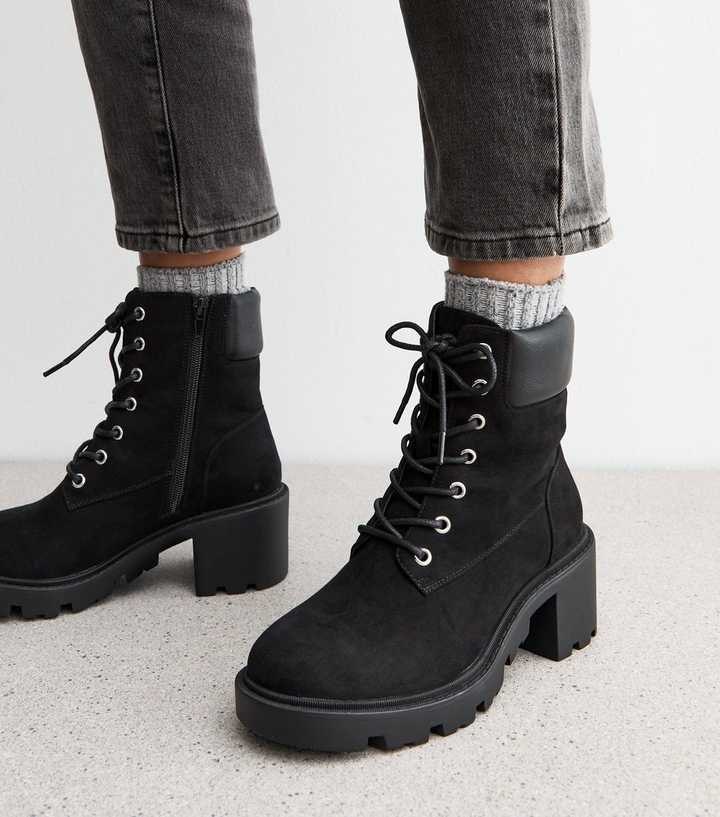 Leather Boots Suede Lace Up Boots With Block Heel Wide Fit Black