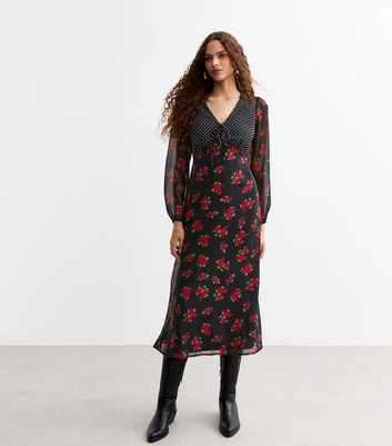 Black Mixed Print V-Neck Long Sleeve Midi Dress