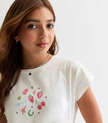 Girls White Cotton Berry Print T-Shirt