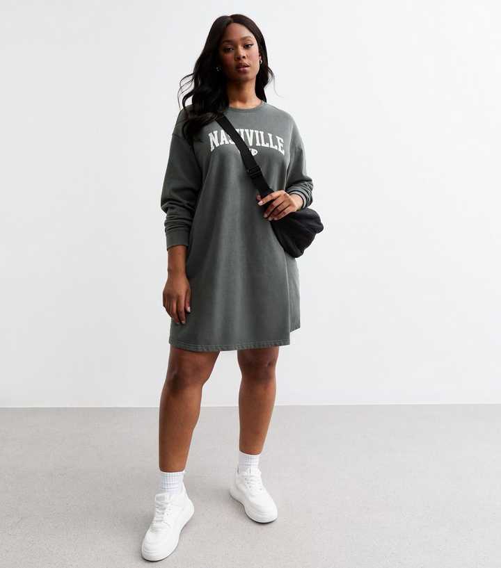 Curves Grey Nashville Print Jersey T Shirt Dress | New Look
