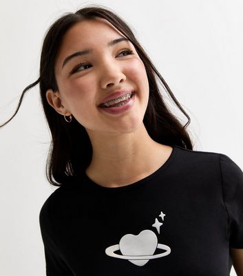 Girls Black Cosmic Heart Print Mini T-Shirt