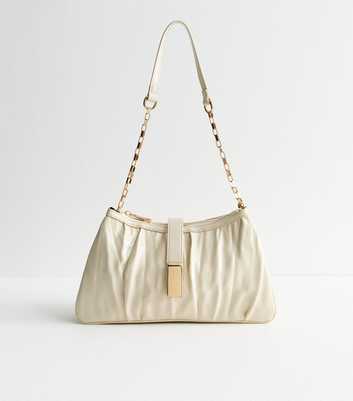 Cream Pleated Faux Leather Shoulder Bag