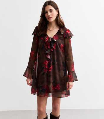 Brown Rose Print Ruffle Trim Long Sleeve Mini Dress