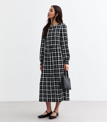 Black Checked Crinkled Long Sleeve Midi Smock Dress New Look