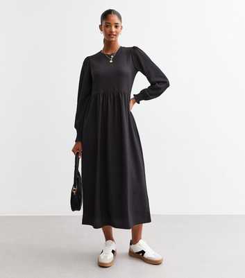 Black Crinkled Long Sleeve Midi Smock Dress