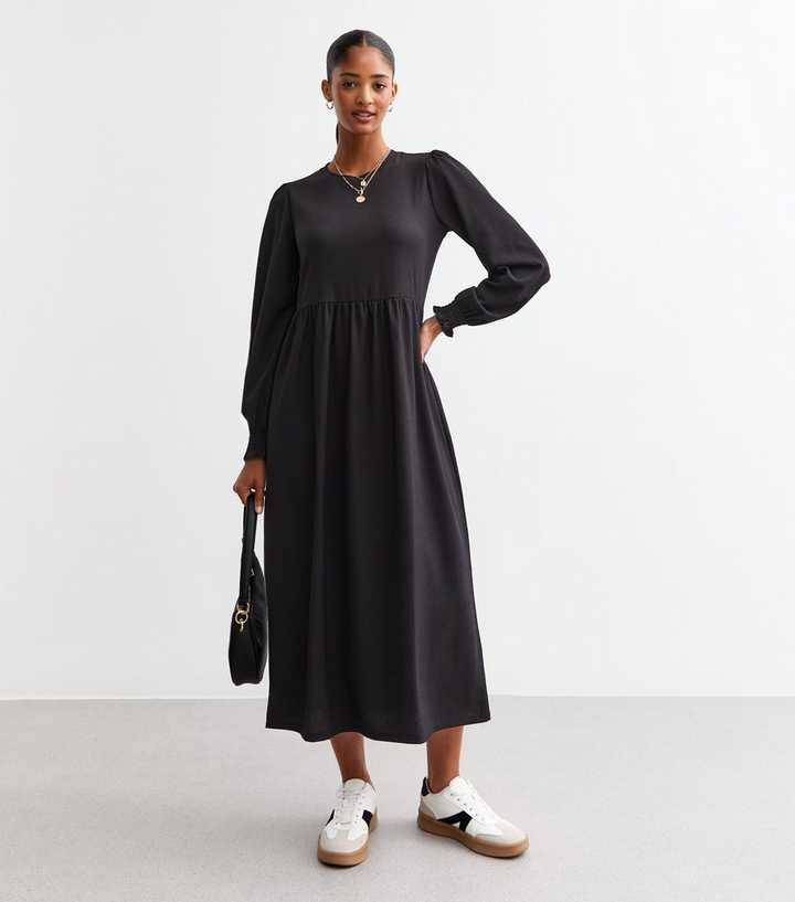 Black Crinkled Long Sleeve Midi Smock Dress | New Look