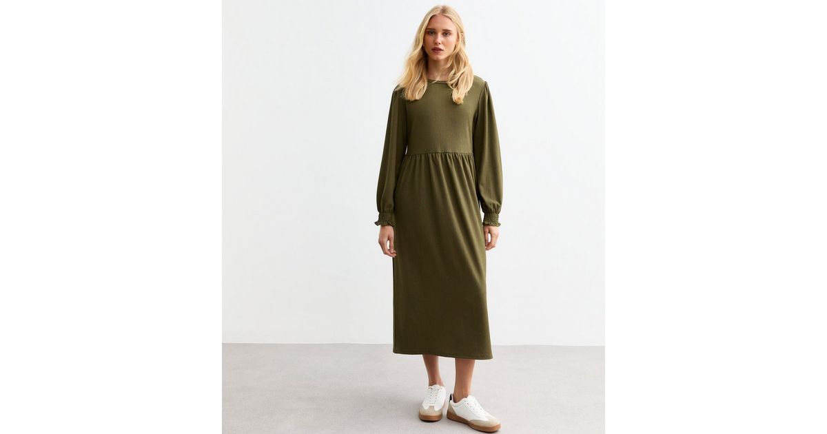 Khaki Crinkled Long Sleeve Midi Smock Dress | New Look