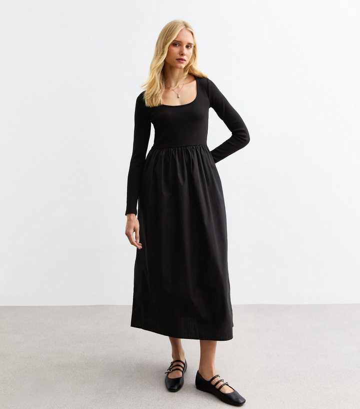 Black Cotton Poplin Mix Long Sleeve Midi Dress | New Look