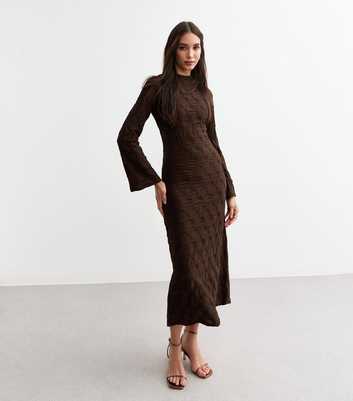 Brown Textured Long Sleeve Midaxi Dress