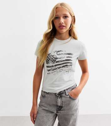 Girls White Studded Flag Print Jersey T-Shirt