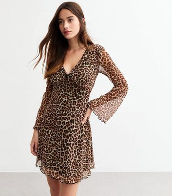 Leopard Print Flared Sleeve Mesh Mini Dress New Look