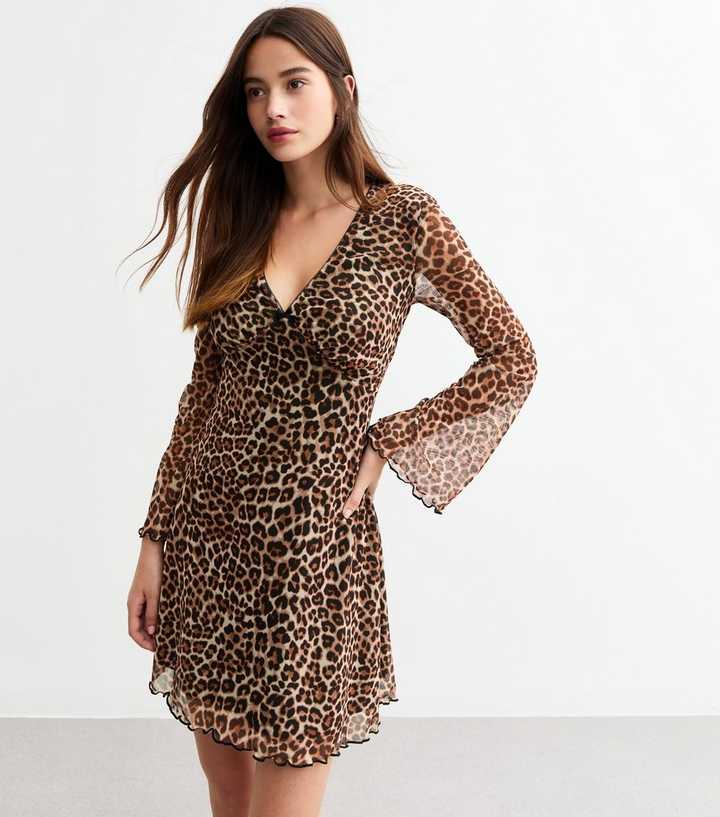 brown leopard print dress new look New Look leopard mesh long sleeve mini dress in brown