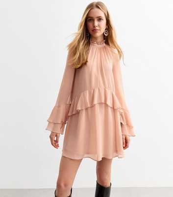 Pink Ruffled Chiffon Mini Dress