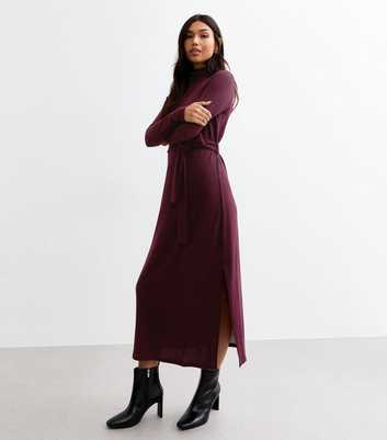 Burgundy Soft Touch Slit Hem Roll Neck Midi Dress