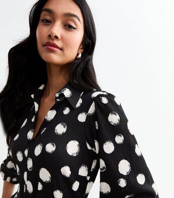 Black Polka Dot Crinkle Midi Shirt Dress New Look