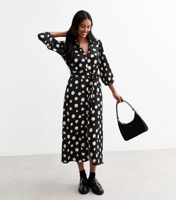 Black Polka Dot Crinkle Midi Shirt Dress New Look