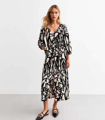 Black Abstract Print Belted Midi Dress