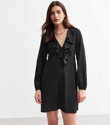 Black Crinkled Ruffled Long Sleeve Mini Dress