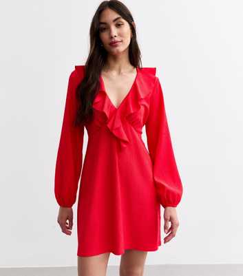 Red Crinkled Ruffled Long Sleeve Mini Dress