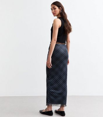 Blue Check Mesh Midi Skirt New Look