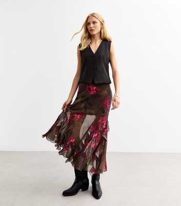 Brown Rose Print Ruffle Trim Midi Skirt