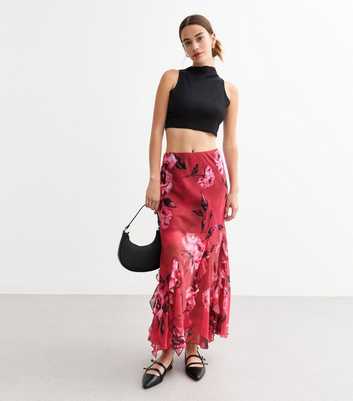 Red Rose Print Ruffle Trim Midi Skirt 