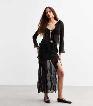 Black Sheer Chiffon Ruffle Trim Maxi Skirt