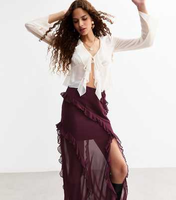 Burgundy Sheer Chiffon Ruffle Trim Maxi Skirt