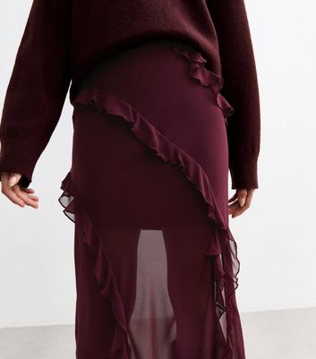 Burgundy Sheer Chiffon Ruffle Trim Maxi Skirt New Look