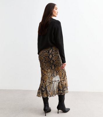 Brown Chiffon Snake Print Ruffle Trim Midi Skirt New Look