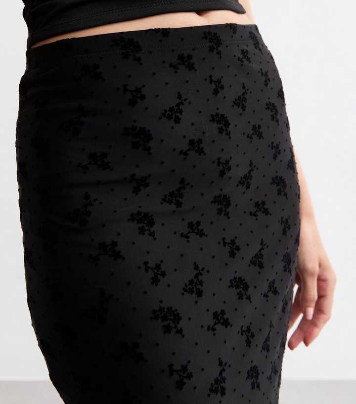 Black Floral Flocked Mesh Midi Skirt New Look