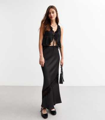 Black Satin Lace Insert Midi Skirt