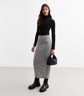 Grey Marled Stretch Rib Midi Skirt