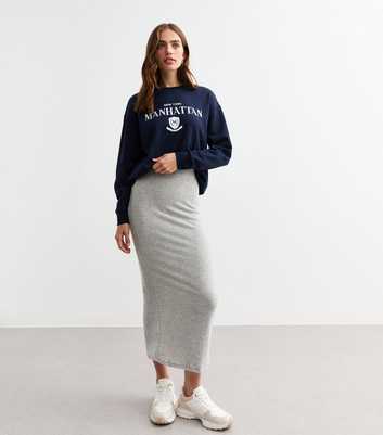 Grey Brushed Ribbed Midi Skirt 