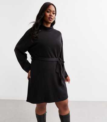 Curves Black Belted Roll Neck Mini Jumper Dress