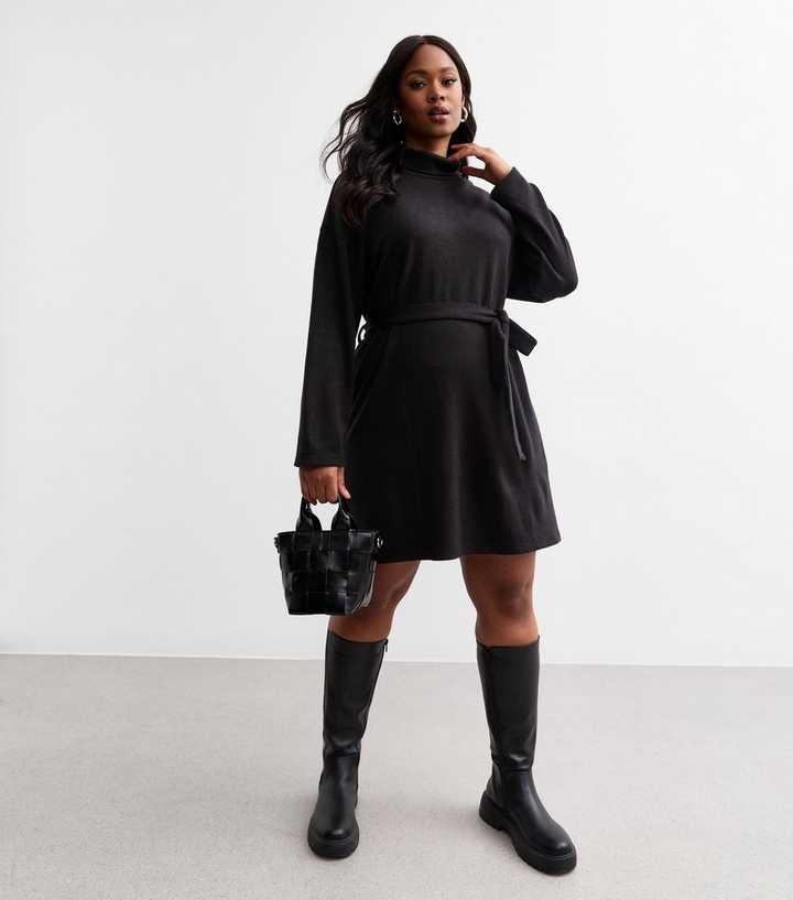 knee length dresses for ladies Women's Jumper Dress With Long Sleeves And Cinched Waist Black –  Styledup.co.uk main image 1