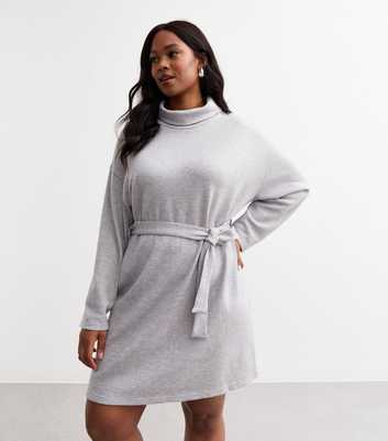 Curves Grey Belted Roll Neck Mini Jumper Dress