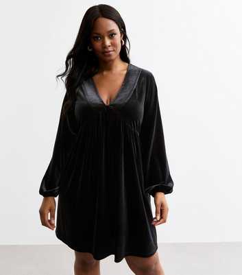 Curves Black V-Neck Velvet Mini Dress