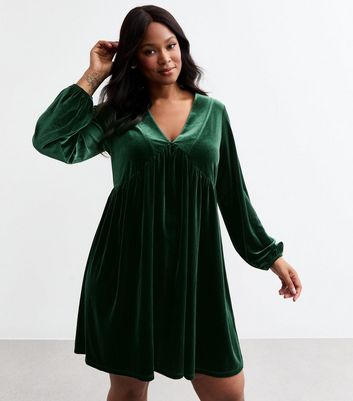 Curves Dark Green V Neck Velvet Mini Dress New Look