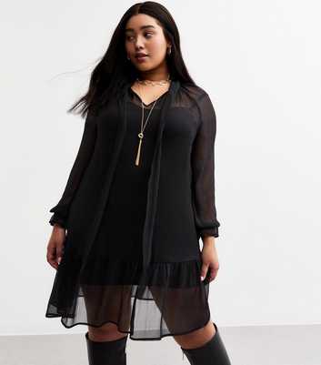 Curves Black Pussybow Chiffon Mini Dress