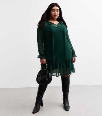 Curves Green Pussybow Chiffon Mini Dress