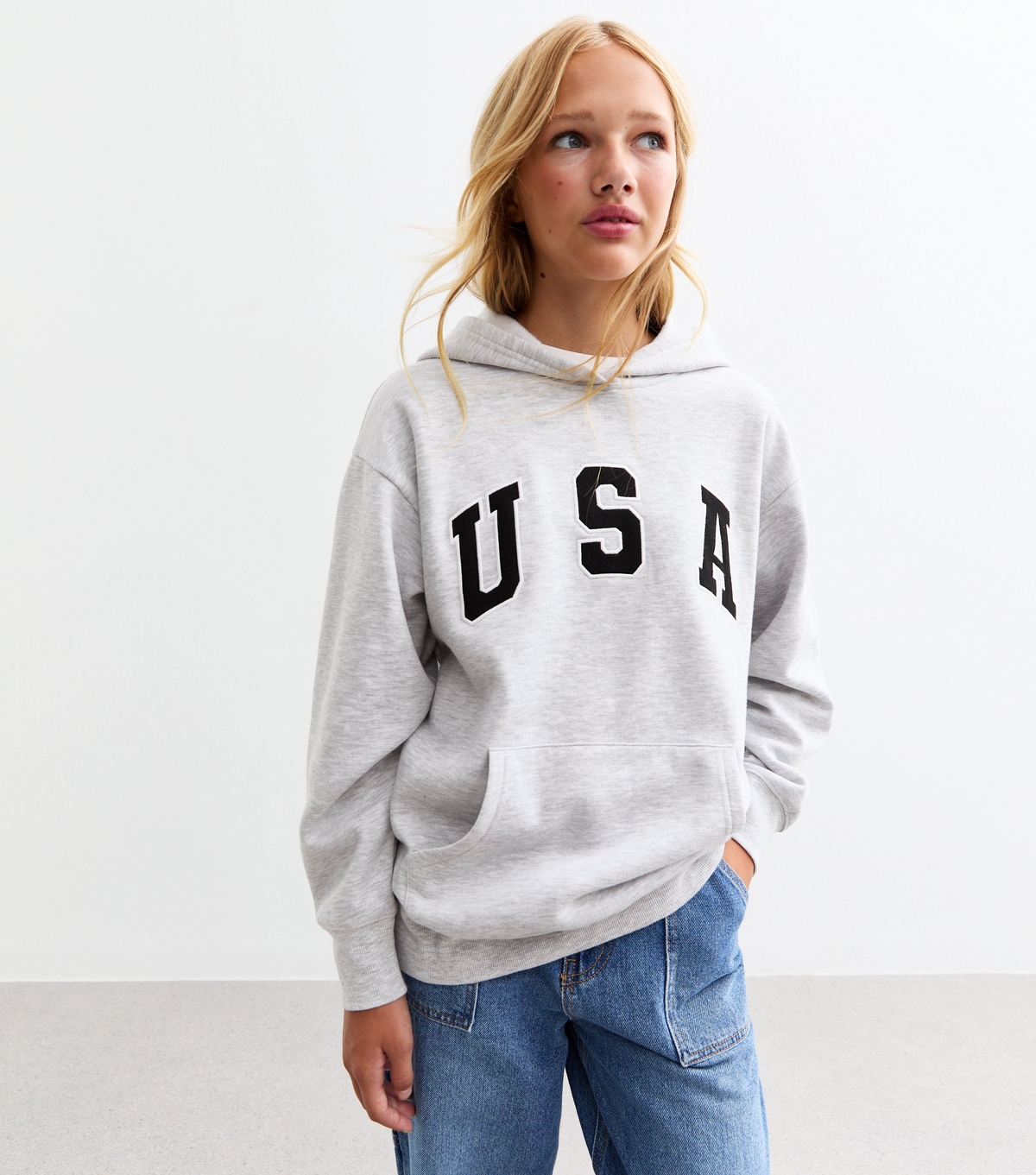 Girls' Grey USA Applique Jersey Hoodie New Look