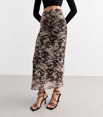 Grey Abstract Print Mesh Midi Skirt 