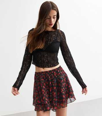 Black Rose Print Bow Trim Mini Skirt 