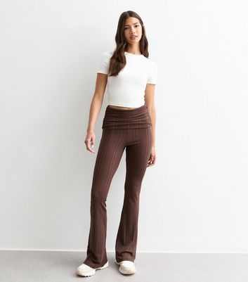 Dark Brown Ribbed Foldover Waist Flared Trousers New Look